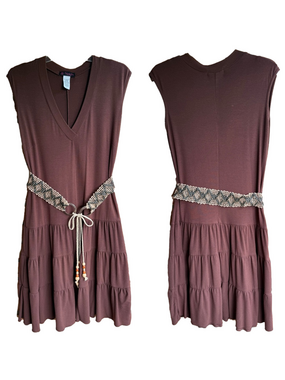 Y2K Volume One Brown V Neck Tiered Midi Dress with Beaded Tie Boho Belt Small